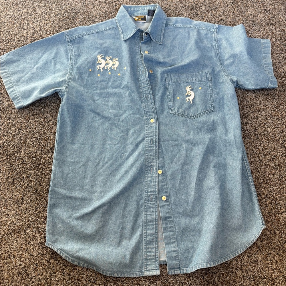 Vintage Denim Short-Sleeve Shirt  Embroidery - Light Blue American rave